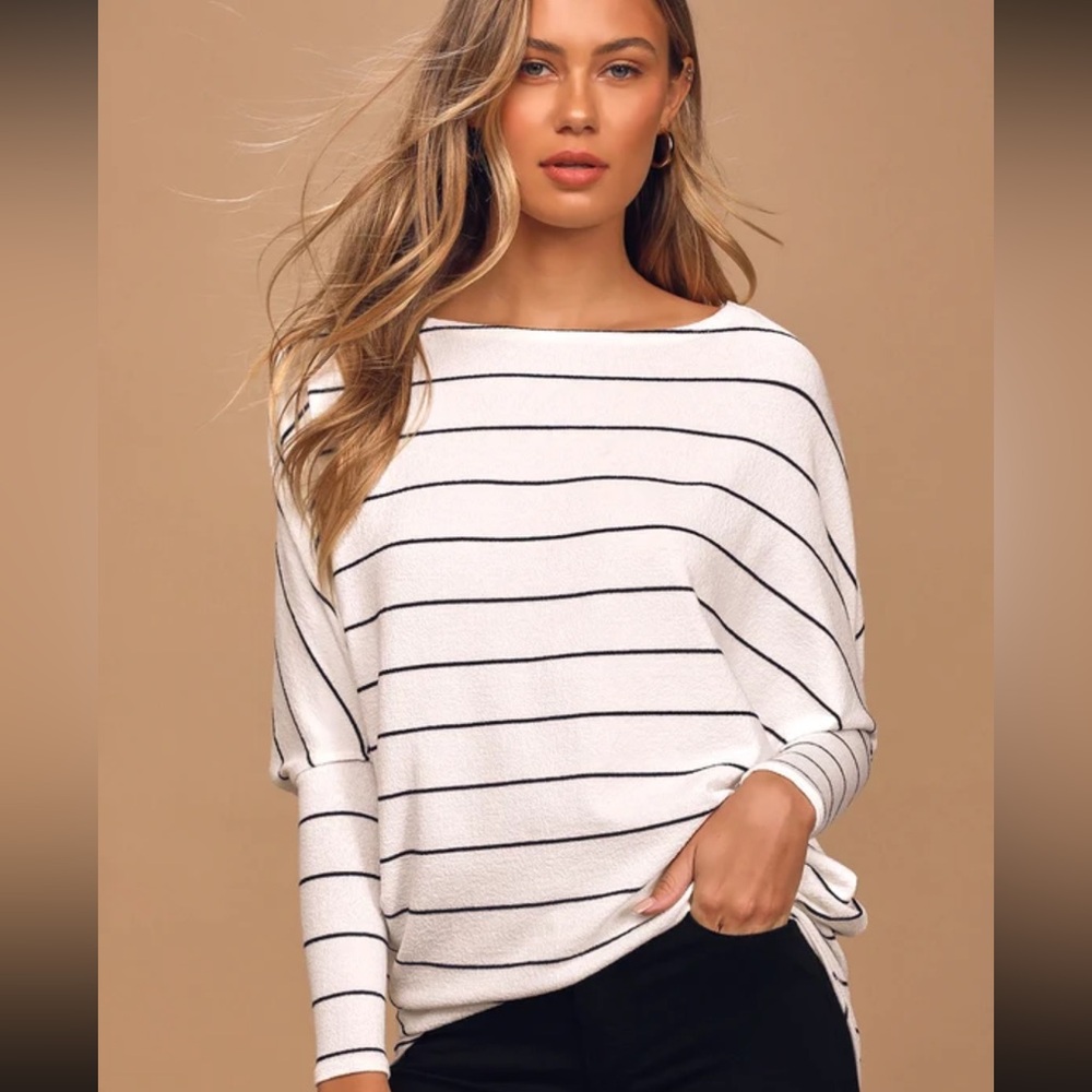 Verla White and Black Striped Dolman Sleeve Sweater Top